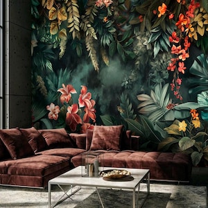 tropical jungle wall mural – dark floral wallpaper with exotic leaves – custom botanical wall art – living room or bedroom decor