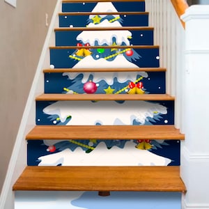 Christmas Tree Stair Decor Green White Stairway Decoration Adhesive Stair Riser Panels Stairs Risers Sticker Mural Photo Decal Wallpaper