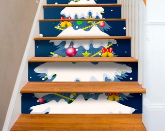 Christmas Tree Stair Decor Green White Stairway Decoration Adhesive Stair Riser Panels Stairs Risers Sticker Mural Photo Decal Wallpaper
