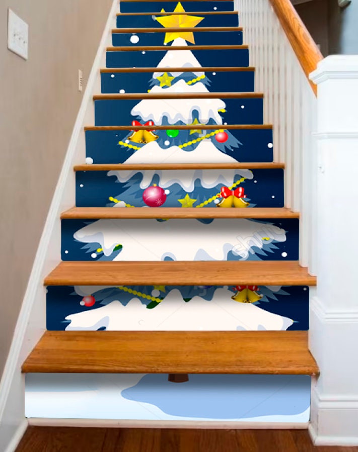 Christmas Tree Stair Decor Green White Stairway Decoration Adhesive ...