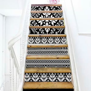 Ukrainian Folk Black and White Stair Stickers Floral Pattern Stair Riser peel and stick Staircase Customizable Stair Decals Removable