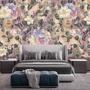 3D Bunte schöne weibliche Gesichter floral abnehmbare Tapete selbstklebend Line Art Aufkleber Stoff Peel and Stick Beauty Salon Tapete