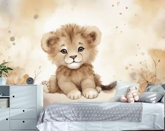 Kids Safari Wall Mural – Cute Lion Nursery Wallpaper – Jungle Animal Decor for Boys & Girls Bedroom or Playroom