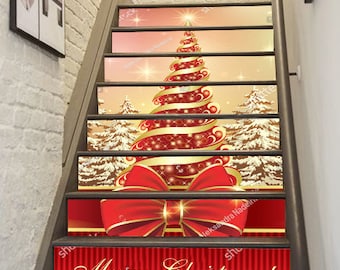 Christmas Tree in Red Stair Decor Snowflake Stairway Decoration Adhesive Stair Riser Panel Stairs Risers Sticker Mural Photo Decal Wallpaper