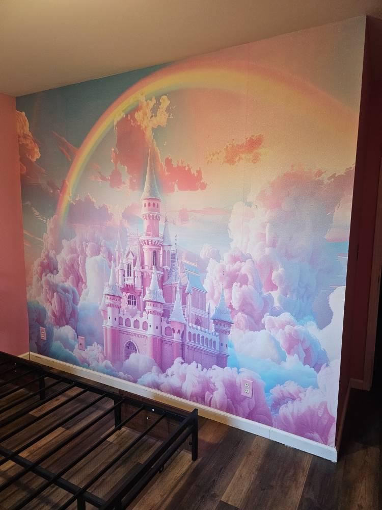 Fairy Castle in Pink Clouds Wallpaper CUSTOMIZABLE Girls Nursery Castle ...