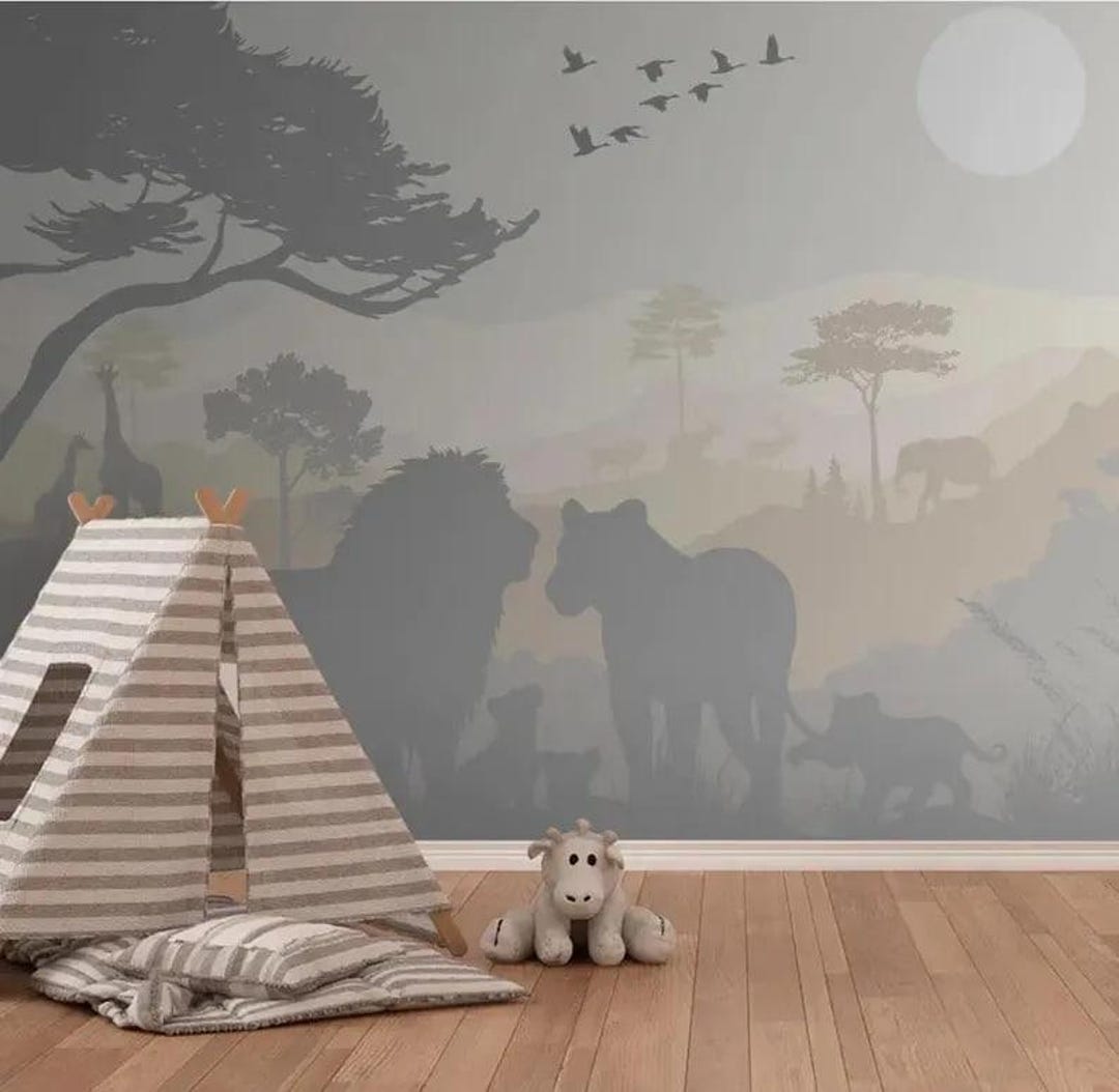 Safari Wall Mural for Nursery Jungle Animals Wallpaper With Lions and ...