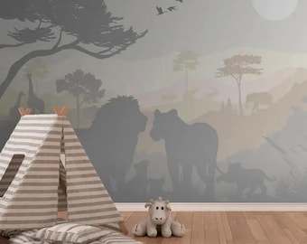 Safari Wall Mural for Nursery Jungle Animals Wallpaper with Lions and Giraffes Kids Room Safari Theme Decor Custom Non Woven Wallpaper