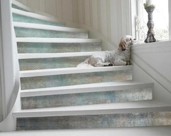 Stair Riser Decals Art Deco Geometric Pattern Teal Stair Stickers Peel and Stick Vinyl Staircase Makeover Removable Home Decor