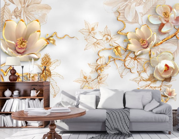 3D Gold Flowers 3D Wall Sticker Vinyl Stickers Wall Decor Black