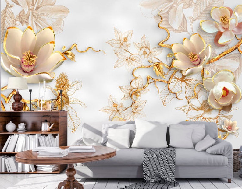 Custom Size 1 02m X 2 08m 3d Gold Flowers Wall Sticker Wall Fabric Wall Decor Wallpaper 3d Wall Mural Self Adhesive Exclusive Design Wall Decals Murals Home Living Kromasol Com