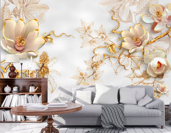 3D Gold Blumen Wand Aufkleber Wand Stoff-Wand-Dekor schälen und