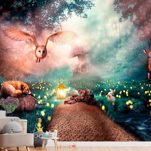 Forêt de fées avec mur mural animalier Conte de fées Autocollant de pépinière d’animaux Forêt Personnalisable Peel and Stick Murales Amovible Magic Forest Decal