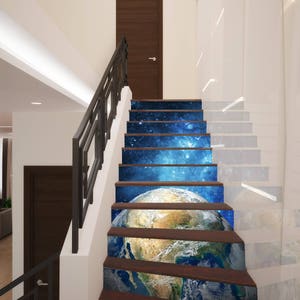 3D Night Space Stairway Decoration Adhesive Vinyl Stair Riser Panels Stairs Risers Sticker Mural Photo Mural Vinyl Decal Wallpaper Removable