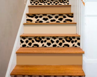 Leopard Skin Texture Animal Print Stair Stickers Beige Leopard Stair Panels Self Adhesive Stair Riser Sticker Photo Mural Vinyl Decal