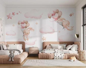 Bunny Nursery Wallpaper – Cute Animals Wall Mural – Baby Room Decor with Clouds & Woodland Friends