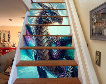 Fantasy Dragon Stairway Decoration Blue Dragon Stair Stickers Riser Dragon Riser Stickers Fairy Stair decal Customizable Dragon Removable