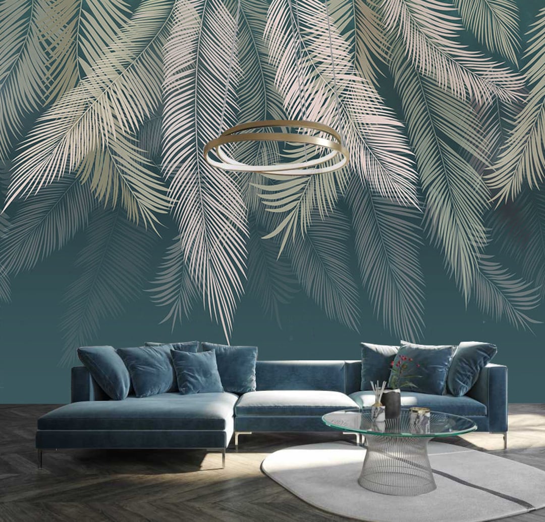 Palm Leaves Blue Green Wall Background Kids Room Floral Wallpaper Wall ...