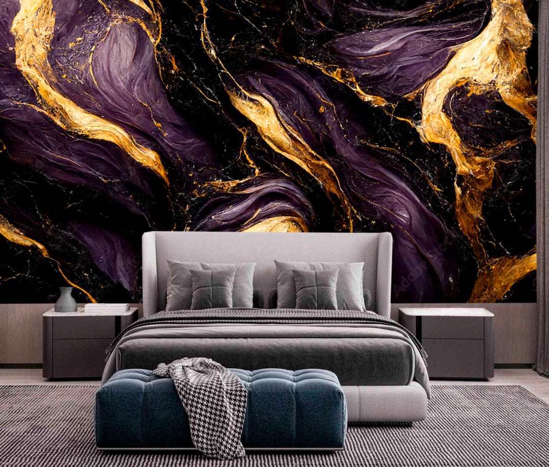 Purple Gold and Black Wall Papers Luxury Marble Wall Mural Purple ...