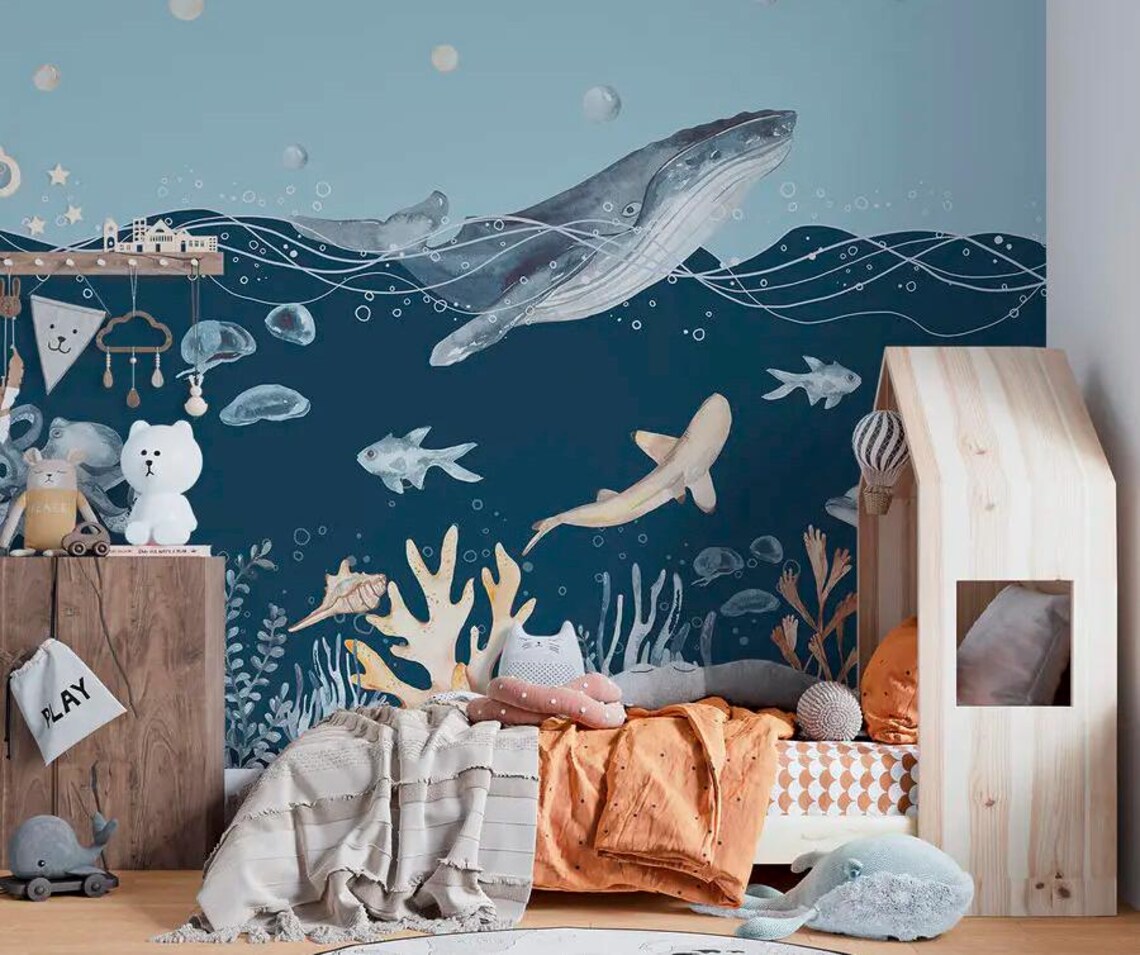 Whale Blue Ocean Fish Wall Mural Ocean Wallpaper Nursery Wall Sticker ...