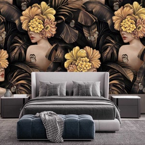 3D Bella femmina Facce oro floreale rimovibile murale murale autoadesivo Linea art decalcomania tessuto peel and stick salone di bellezza carta da parati di moda
