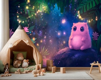 Fairy Forest Wallpaper Mural – Baby Girl Room Wall Decor – Pastel Woodland Animal – Fairy Creature Wall Art - Customizable kids vinyl decals