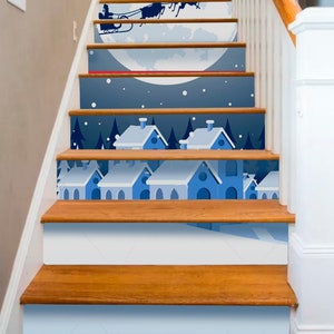 Santa Deers Christmas Night Stair Decor Stairway Decoration Adhesive Stair Riser Santa Claus Flying Stairs Risers Photo Decal Wallpaper