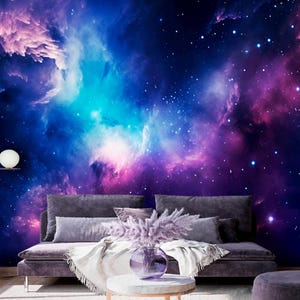 Purple Space Wall Mural Bedroom Space Sticker Blue Purple Ceiling Wallpaper Ceiling Murals Living room Wallpaper Space Backdrop Removable