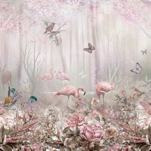 Zauberwald-Flamingo-Tapeten, Flora und Fauna, Pastell-Wandbilder, Baby-Mädchen-Aufkleber, Dekor-Wandbild, Glitzer-Flamingo-in-Blumen-Tapete