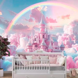 May include: A whimsical bedroom scene featuring a pink castle mural with a rainbow, fluffy clouds, and a white bed with pink pillows. A small tree in a pot is on the left. The overall theme is fantasy and children's decor.