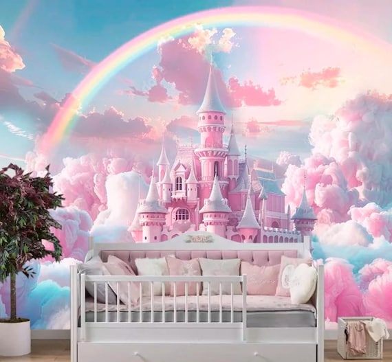 Fufuquare Pink Fairy Tale Castle Wall Stickers - Cartoon Cloud & Star Vinyl Decals For Kids' Bedrooms, Easy DIY Decor
