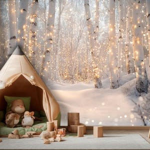 Carta da parati murale in legno con fata invernale, sfondo da favola invernale, carta da parati per bambini in legno magico, sfondo murale con foresta innevata, carta da parati personalizzabile