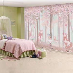 Carta da parati con principessa delle fiabe Unicorno nella foresta rosa Decorazione della stanza della ragazza Fiori della foresta magica Decorazione murale della parete della scuola materna Carta da parati color pastello