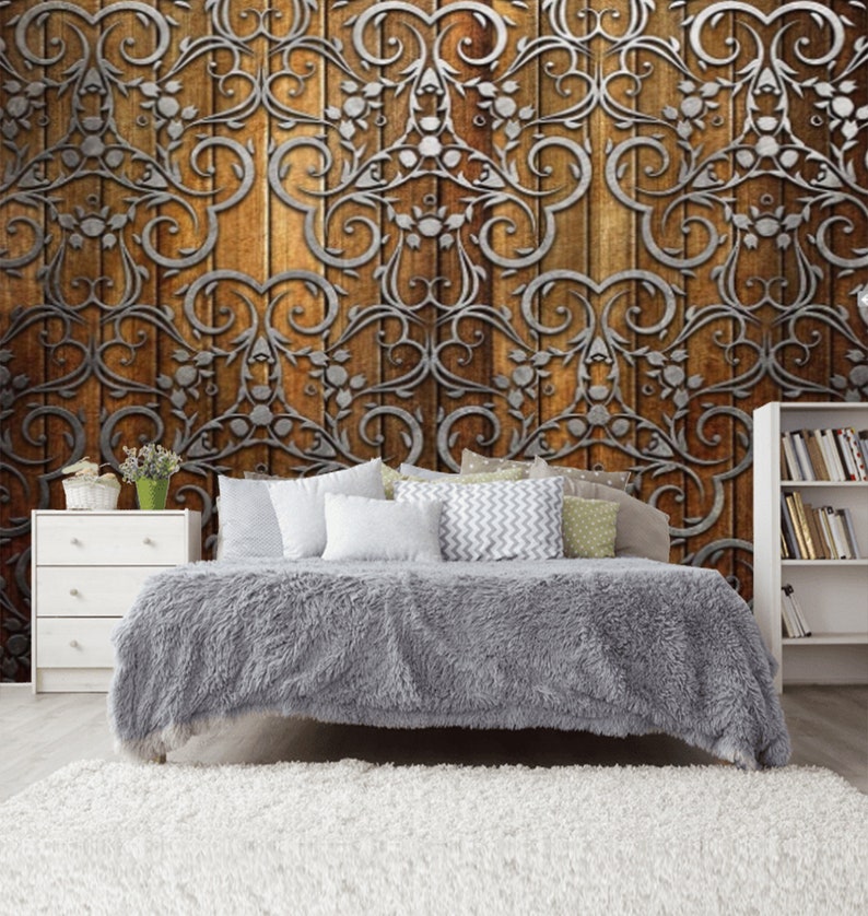 Wooden Boards Floral Metallic Pattern Wooden Wall Texture Wallpaper Wall Sticker decor Mural Self Adhesive Exclusive Design Photo Wallpaper