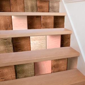 Wooden Cubes Stair Stickers 3D Wooden Textured Stair Riser Panels Removable Sticker peel and stick Staircase decoration Decal Customizable