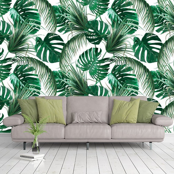 Green Tropical Flowers Leaves Wallpaper 3D Wall Sticker Decor Etsy