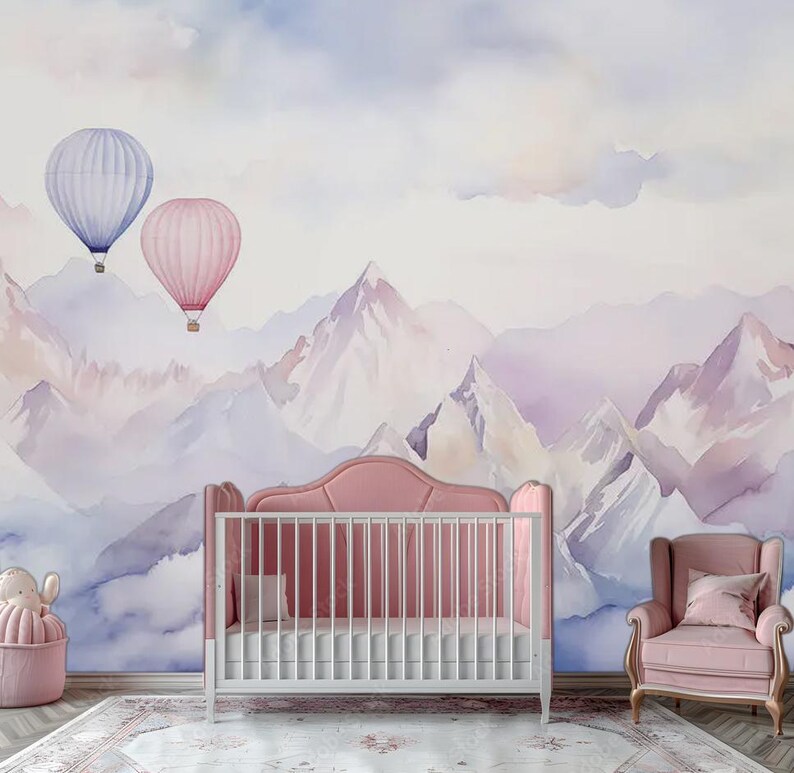 Hot Air Balloon Wall Mural – Pastel Mountain Clouds Wallpaper for Kids ...