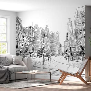 City Street Wall Mural Graphic City Perspective Wallpaper Graffiti Mural Office Mural Skyline Wall Mural Black White Customizable wall decal