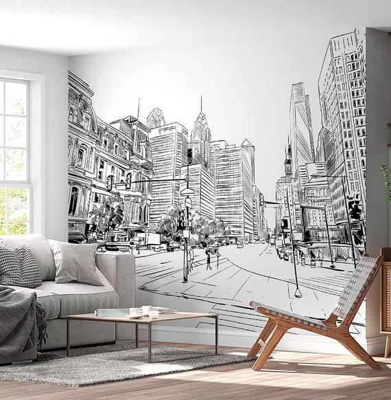 City Street Wall Mural Graphic City Perspective Wallpaper Graffiti Mural Office Mural Skyline Wall Mural Black White Customizable wall decal