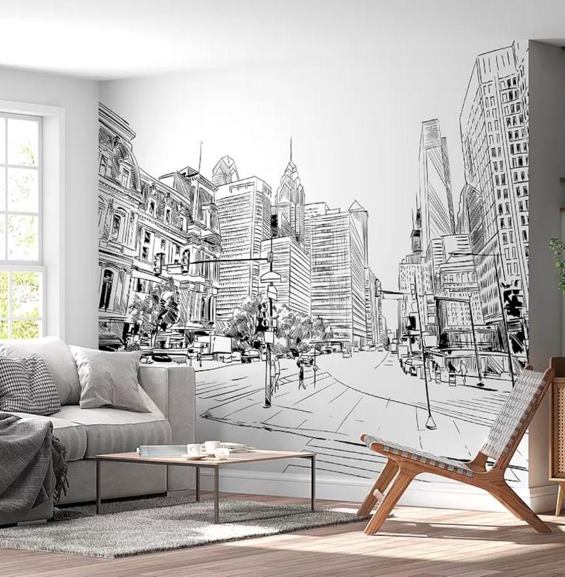 City Street Wall Mural Graphic City Perspective Wallpaper Graffiti Mural Office Mural Skyline Wall Mural Black White Customizable wall decal