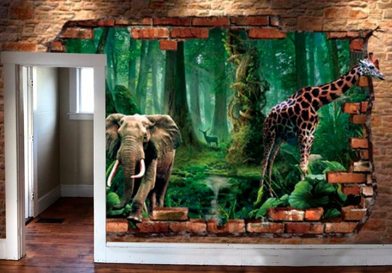 3D Animali tropicali Giungla Murale Elefante Giraffa Vinile 3D Mattoni  rossi Carta da parati Adesivo da parete Decorazione Murale Design esclusivo  FotoPasta perwall -  Italia