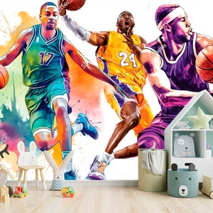 Carta da parati a tema basket per la camera di un adolescente Murale Basketball Stars Adesivi murali stile sportivo personalizzati Poster in vinile personalizzati