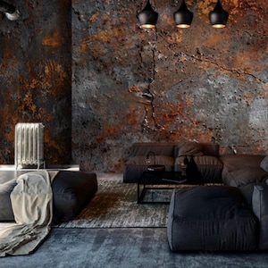 Metal Wall Mural Rustic Metal Texture Wallpaper Grunge Decal Peel and Stick Metal Murals for Living room Customizable Cracks Loft Wall Paper