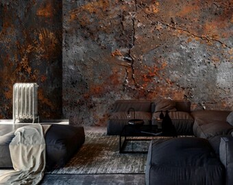 Metal Wall Mural Rustic Metal Texture Wallpaper Grunge Decal Peel and Stick Metal Murals for Living room Customizable Cracks Loft Wall Paper
