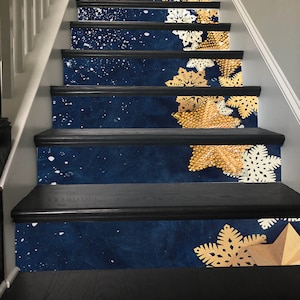 Décor d’escalier de Noël Décoration d’escalier en flocon de neige doré Panneaux de contremarche d’escalier adhésifs Contremarches d’escalier Autocollant mural Photo Autocollant Papier peint