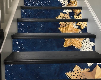Christmas Stair Decor Gold snowflake Stairway Decoration Adhesive Stair Riser Panels Stairs Risers Sticker Mural Photo Decal Wallpaper