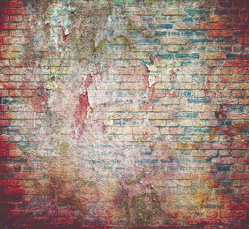 May include: A weathered brick wall with red, blue and yellow paint peeling off. The wall has a distressed, vintage look.