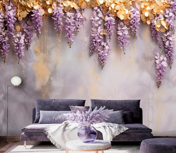 Purple Gold Wisteria Flower Wall Mural Lavender Flower Wallpaper Baby Girl  Wisteria Wall Mural Bedroom Golden Purple Wall Decal Customizable - Etsy