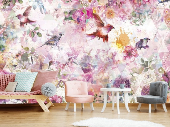 Beste Baby roze lavendel aquarel vogels en bloemen behang muur | Etsy RE-65