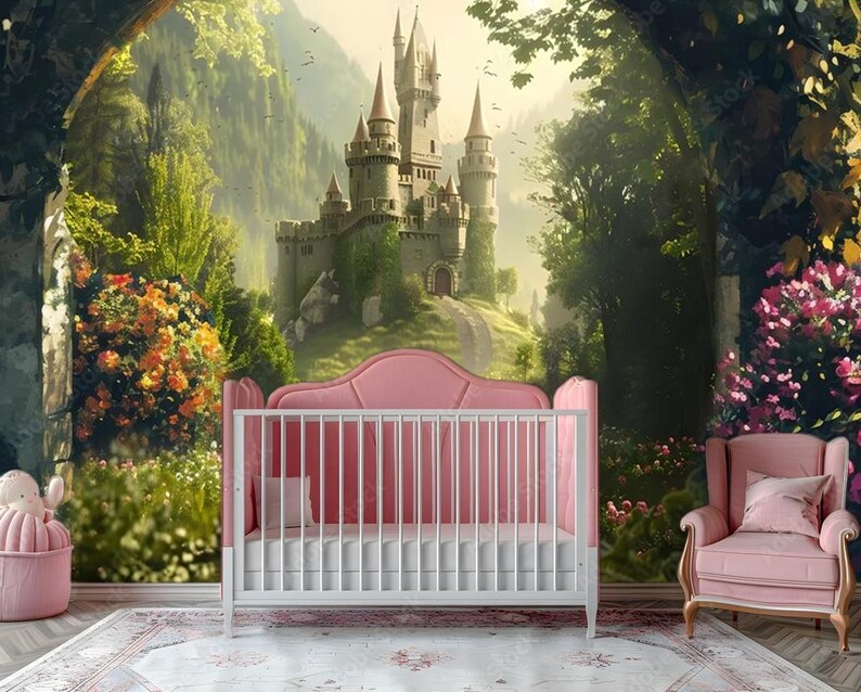 Magic Castle in Floral Arch Wallpaper CUSTOMIZABLE Girls Nursery Castle ...