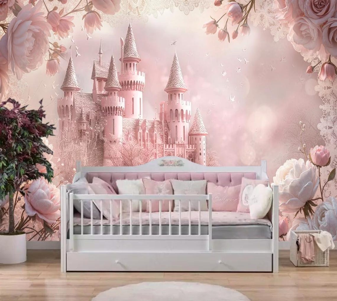 Princess Castle Wall Mural – Pink Fairytale Wallpaper for Girls Room ...